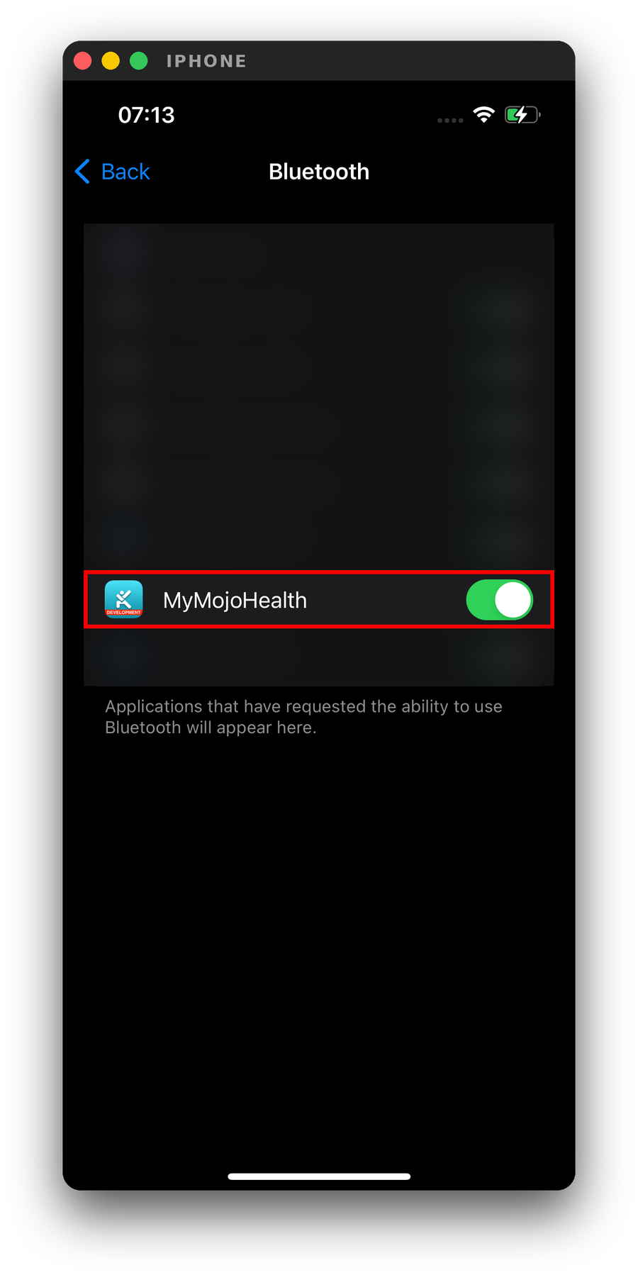 In your iPhone's Settings > Privacy & Security > Bluetooth, make sure MyMojoHealth is turned on.
