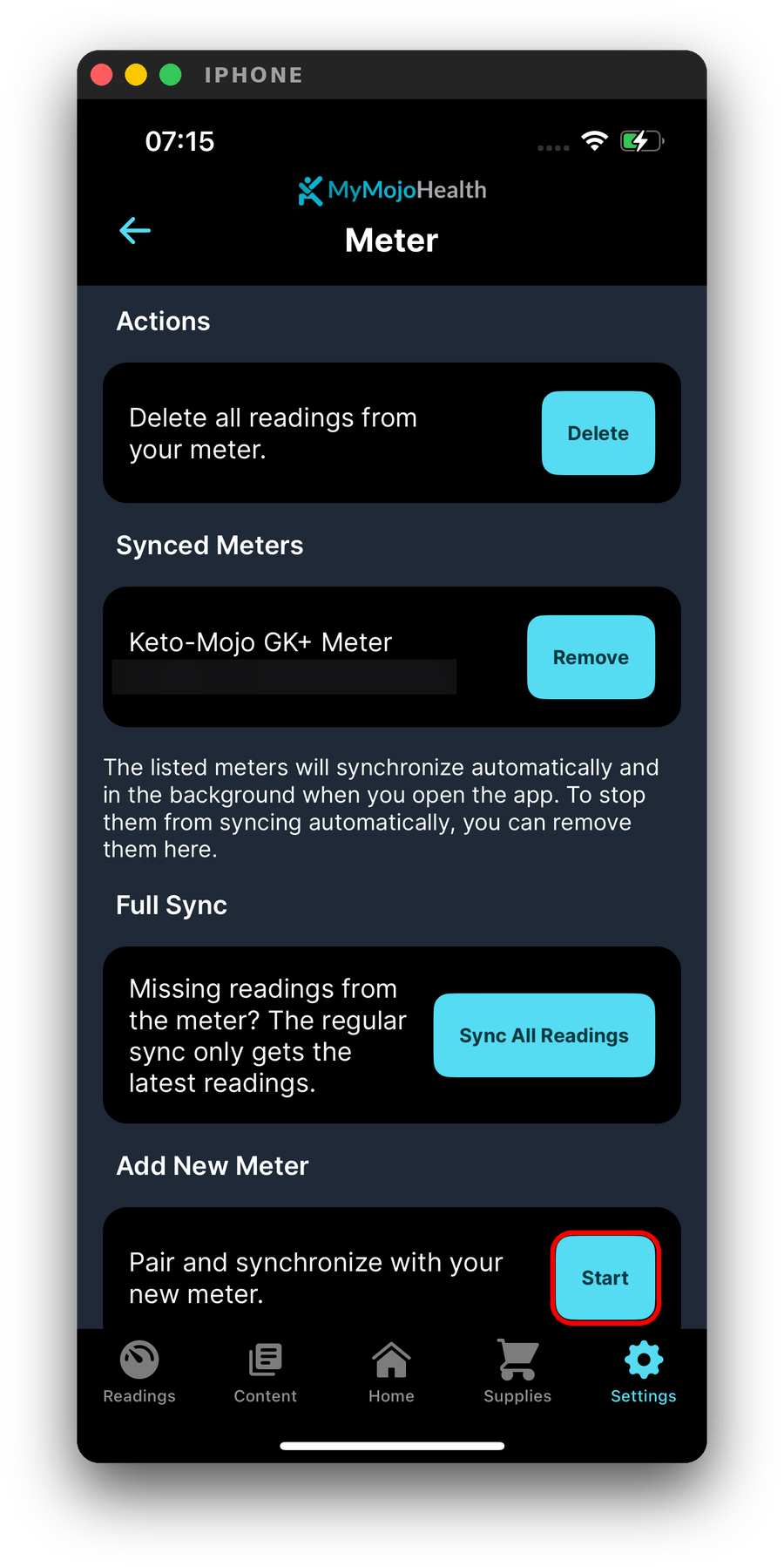 Tap Start to begin setting up your meter again.