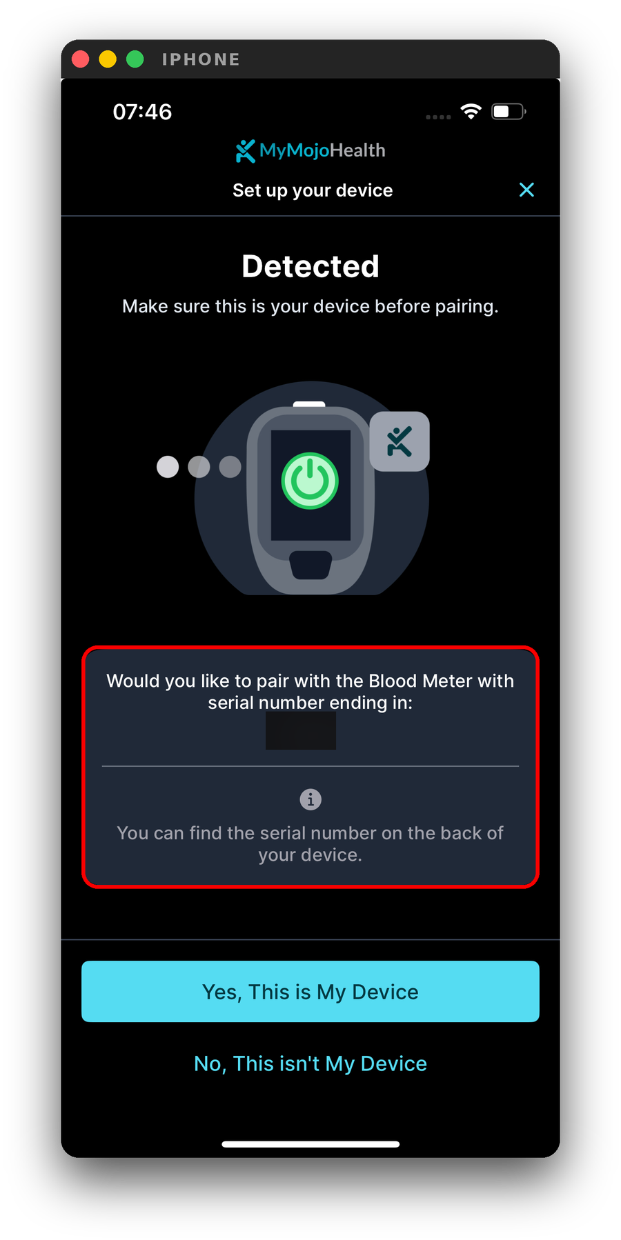 Confirm that the serial number matches your meter before continuing.