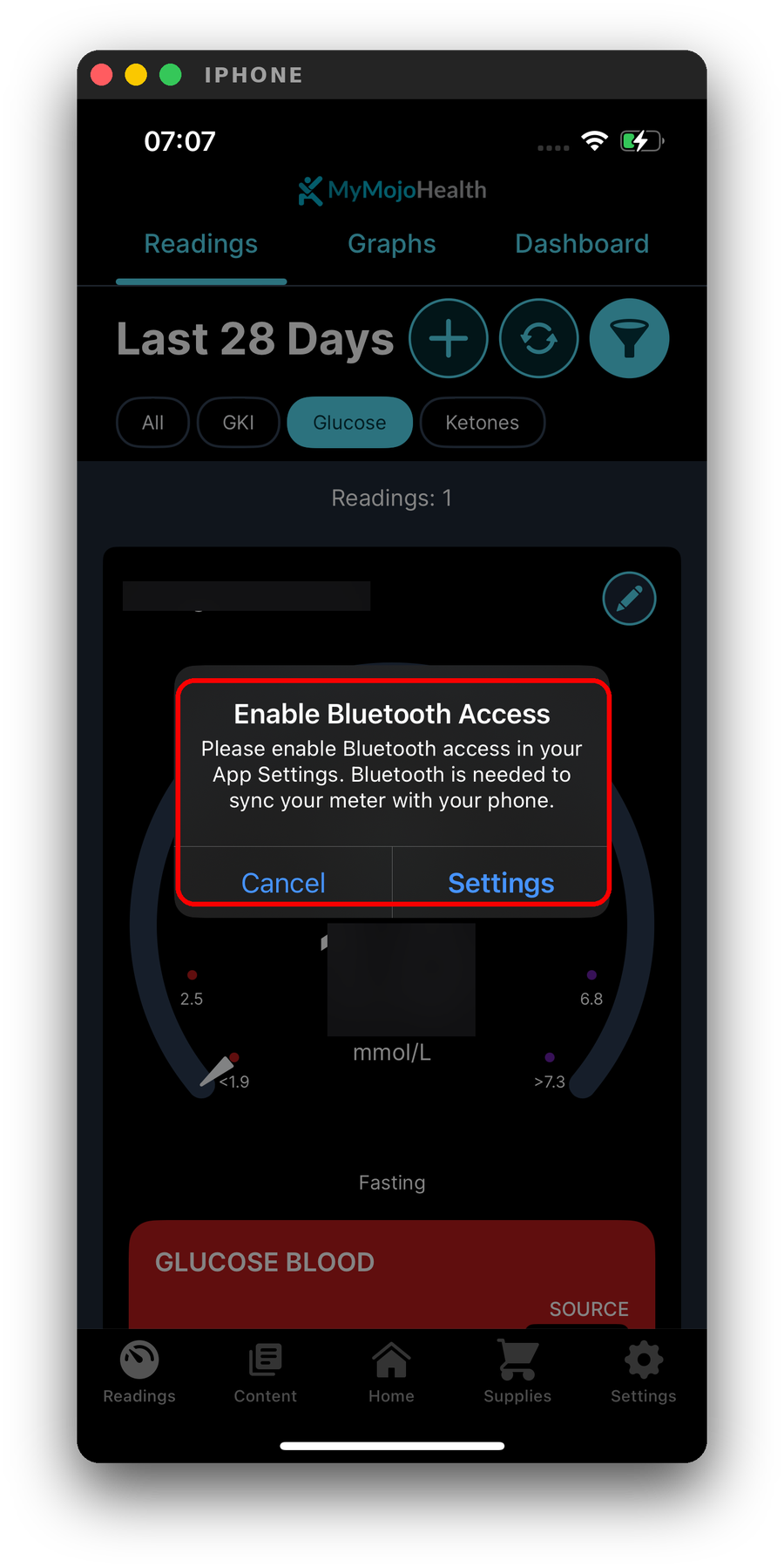 Allow Bluetooth access so MyMojoHealth can connect to your meter.