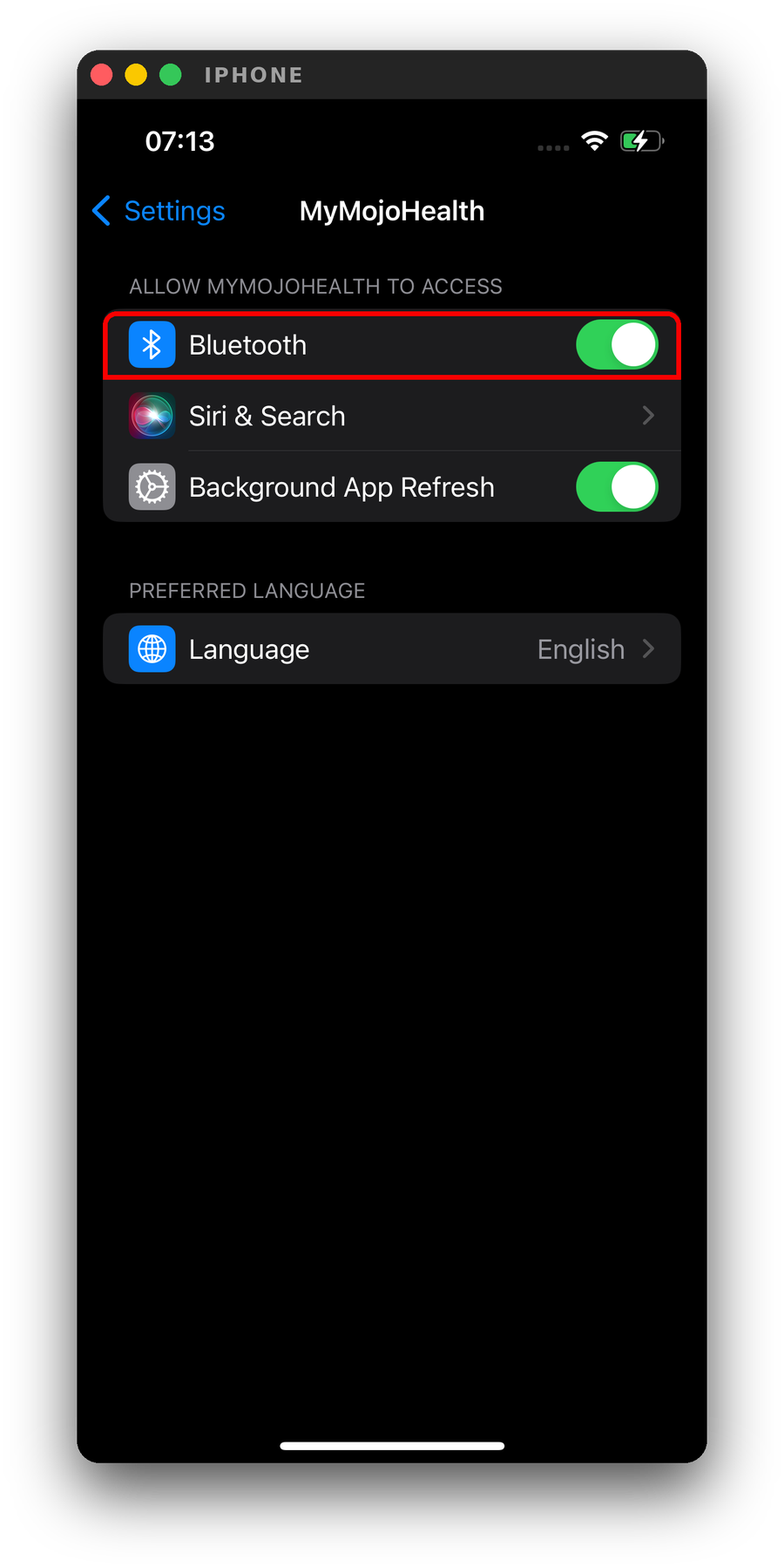 Tapping Settings in the message opens this page, which you can also find in Settings > Apps > MyMojoHealth. Make sure Bluetooth is turned on.