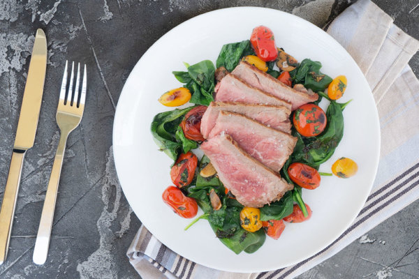 Keto Seared Steak and Cherry Tomatoes with Spinach Recipe