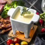 Keto-Mojo cheese fondue with meat and veggies
