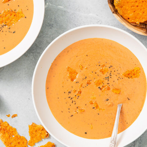 Keto Creamy Tomato Basil Soup with Grilled Cheese Crackers