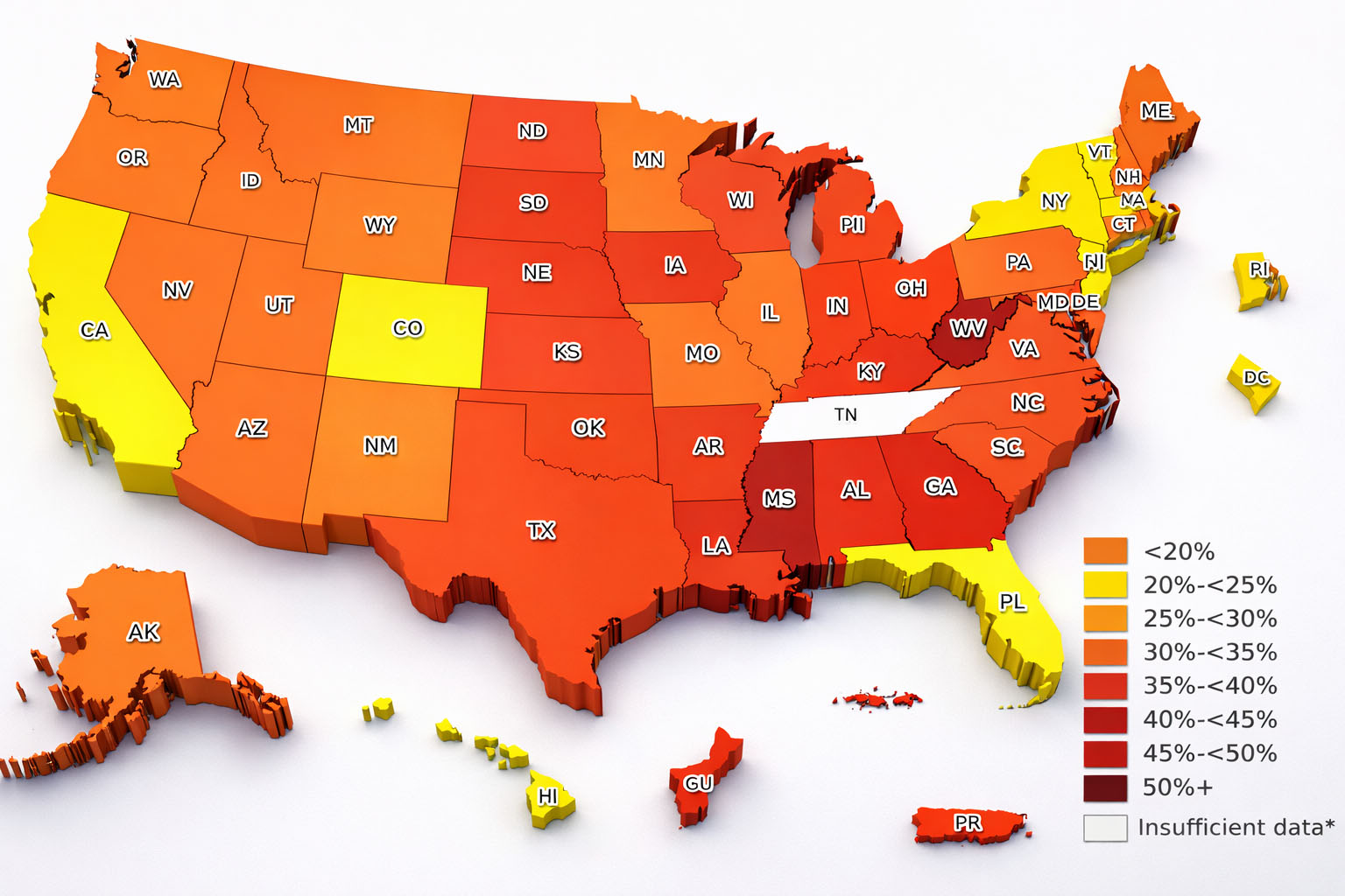 2024 Adult Obesity Prevalence Maps for 49 states, the District of Columbia (DC), and three U.S. territories show the proportion of adults with obesity. 
