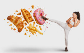 a Woman kicking carbs away