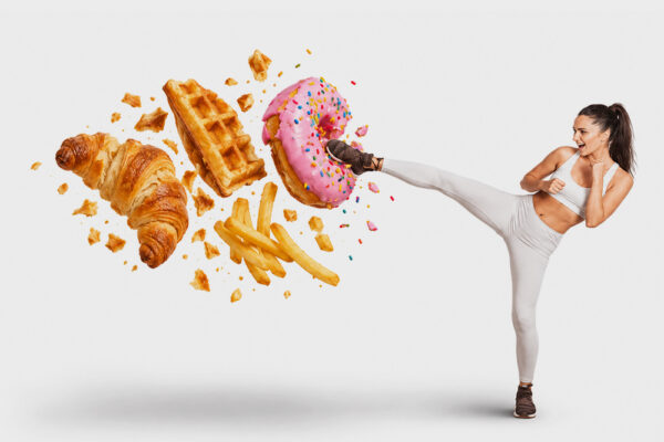 a Woman kicking carbs away
