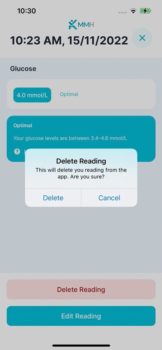 Screenshot of MMH prompt to delete a reading.